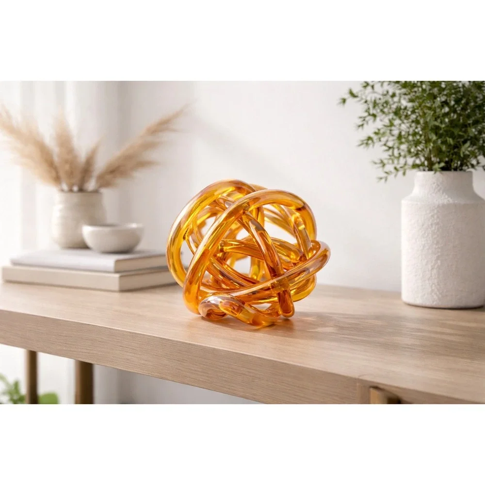 Modern Amber Art Glass‎ Knot Orb Sculpture Smooth Minimalist Decor 7